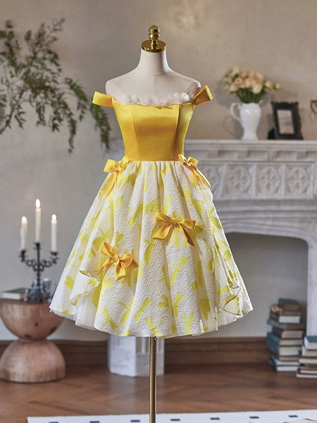 Yellow Satin Knee Length Party Dress, Cute Off the Shoulder Evening Dress HZ0429