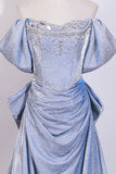Blue Sparkling Princess Prom Dress with Off-the-Shoulder | Luxury Glitter Evening Gown HZ0429