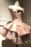 Pink Satin Bow Detail Mini Party Dress with Tulle Ruffle Hem HZ0429
