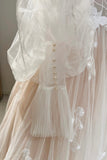 Champagne Tulle Lace Puff Sleeve Long A-Line Evening Party Dress HZ0429