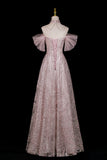 Dusty Pink Glitter Off-the-Shoulder Ball Gown Formal Evening Dress with Tulle Sleeves HZ0429