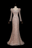 Champagne Sequin Lace Mermaid Wedding Guest Dress with Detachable Train HZ0429