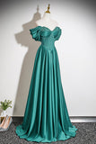 Elegant Off-the-Shoulder Emerald Green Satin Evening Gown with Beading HZ0429