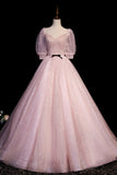 Pink V-Neck Tulle Long Prom Dress, A-Line Short Sleeves Evening Dress HZ0429