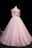 Pink V-Neck Tulle Long Prom Dress, A-Line Short Sleeves Evening Dress HZ0429
