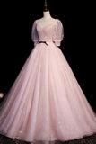 Pink V-Neck Tulle Long Prom Dress, A-Line Short Sleeves Evening Dress HZ0429