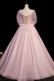 Pink V-Neck Tulle Long Prom Dress, A-Line Short Sleeves Evening Dress HZ0429
