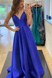 Blue V-Neck Satin Long Prom Dresses, Simple Evening Party Dresses HZ0429
