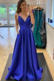 Blue V-Neck Satin Long Prom Dresses, Simple Evening Party Dresses HZ0429