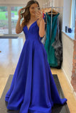 Blue V-Neck Satin Long Prom Dresses, Simple Evening Party Dresses HZ0429