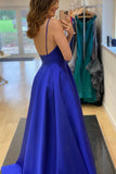 Blue V-Neck Satin Long Prom Dresses, Simple Evening Party Dresses HZ0429