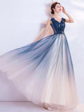 Blue V Neck Gradient Tulle Prom Dress with Beaded, Long A-Line Evening Dress HZ0429