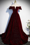 Burgundy Velvet Long Prom Dresses, Off the Shoulder Formal Evening Dresses HZ0429