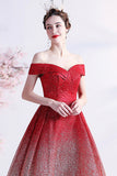 Burgundy Sequins Long Prom Dresses, Off the Shoulder Evening Dresses HZ0429