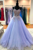 Purple Tulle Lace Long Prom Dresses, A-Line Spaghetti Straps Graduation Dresses HZ0429