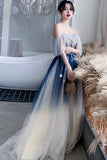 Blue Tulle Sequins Long Prom Dresses, A-Line Off the Shoulder Party Dresses HZ0429