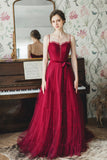 Burgundy Spaghetti Strap Tulle Long Prom Dresses, A-Line Evening Dresses HZ0429
