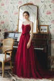 Burgundy Spaghetti Strap Tulle Long Prom Dresses, A-Line Evening Dresses HZ0429