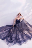 Blue Strapless Tulle Long Prom Dresses, A-Line Evening Dresses HZ0429