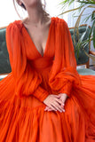 A-Line Chiffon Long Sleeve Prom Dress, Orange V-Neck Evening Dress HZ0429