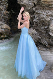 Blue Spaghetti Strap Tulle Long Prom Dresses, A-Line Sequins Graduation Dresses HZ0429