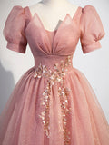 Pink Tulle Floor Length Prom Dress with Short Sleeve, Beautiful A-Line Evening Dress HZ0429