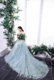 Blue Spaghetti Strap Tulle Long Prom Dress, A-Line Blue Evening Dress HZ0429
