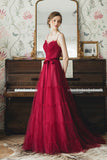 Burgundy Spaghetti Strap Tulle Long Prom Dresses, A-Line Evening Dresses HZ0429