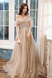 Champagne Tulle Sequins Long Formal Party Dresses, Off the Shoulder Prom Dresses HZ0429