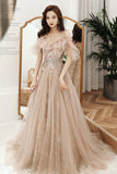 Champagne Tulle Sequins Long Formal Party Dresses, Off the Shoulder Prom Dresses HZ0429