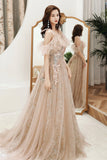 Champagne Tulle Sequins Long Formal Party Dresses, Off the Shoulder Prom Dresses HZ0429