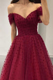 Burgundy Off the Shoulder Tea Length Prom Dress, Cute A-Line Party Dress HZ0429