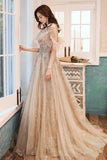 Champagne Tulle Sequins Long Formal Party Dresses, Off the Shoulder Prom Dresses HZ0429