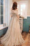 Champagne Tulle Sequins Long Formal Party Dresses, Off the Shoulder Prom Dresses HZ0429