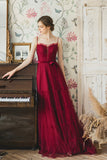 Burgundy Spaghetti Strap Tulle Long Prom Dresses, A-Line Evening Dresses HZ0429