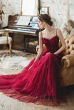 Burgundy Spaghetti Strap Tulle Long Prom Dresses, A-Line Evening Dresses HZ0429