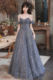 Gray Blue Tulle Long Prom Dresses, A-Line Spaghetti Straps Evening Dresses HZ0429