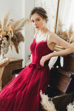 Burgundy Spaghetti Strap Tulle Long Prom Dresses, A-Line Evening Dresses HZ0429
