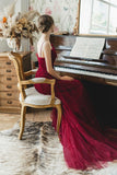 Burgundy Spaghetti Strap Tulle Long Prom Dresses, A-Line Evening Dresses HZ0429