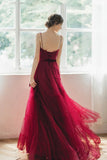 Burgundy Spaghetti Strap Tulle Long Prom Dresses, A-Line Evening Dresses HZ0429