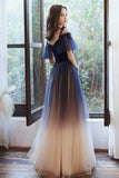 Blue V-Neck Tulle Long Prom Dresses, Off the Shoulder Evening Dresses HZ0429