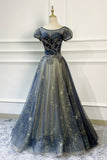 Blue Scoop Neckline Tulle Long Prom Dress, A-Line Evening Dress HZ0429