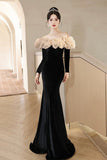 Champagne and Black Velvet Long Prom Dress, Mermaid Off the Shoulder Party Dress HZ0429