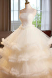 Champagne Tulle Layers Long Prom Dresses, A-Line Strapless Evening Dresses HZ0429
