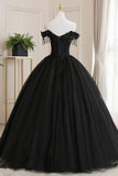 Black Tulle Lace Off the Shoulder Prom Dress, Black A-Line Evening Dress HZ0429