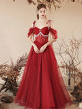 Dark Red Tulle Beaded Long Prom Dress, Beautiful Off the Shoulder Evening Party Dress HZ0429