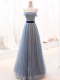 Blue Tulle Long Prom Dress, A-Line Strapless Evening Party Dress HZ0429