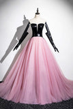 Black and Pink Tulle Long Prom Dress, Unique Strapless Evening Dress with Corset HZ0429