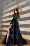 Black Tulle Long A-Line Prom Dresses, Black Evening Party Dresses HZ0429