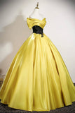 Yellow Satin and Black Lace Long Prom Dress, A-Line Off the Shoulder Party Dress HZ0429